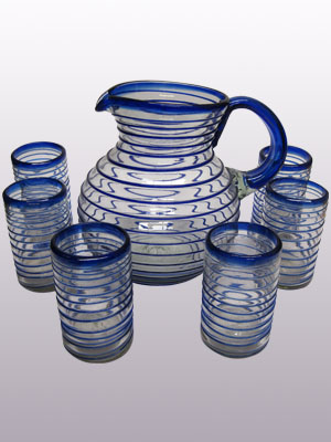 Spiral Glassware / Cobalt Blue Spiral 120 oz Pitcher and 6 Drinking Glasses set / Swirls of cobalt blue embelish this set, perfect for serving cool drinks on a hot summer day.
